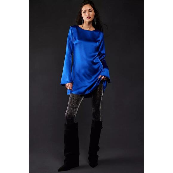 NWT Free People DELFI Amber Mini Shift Dress $368 SMALL Colbalt Blue Long Sleeve - Picture 2 of 4